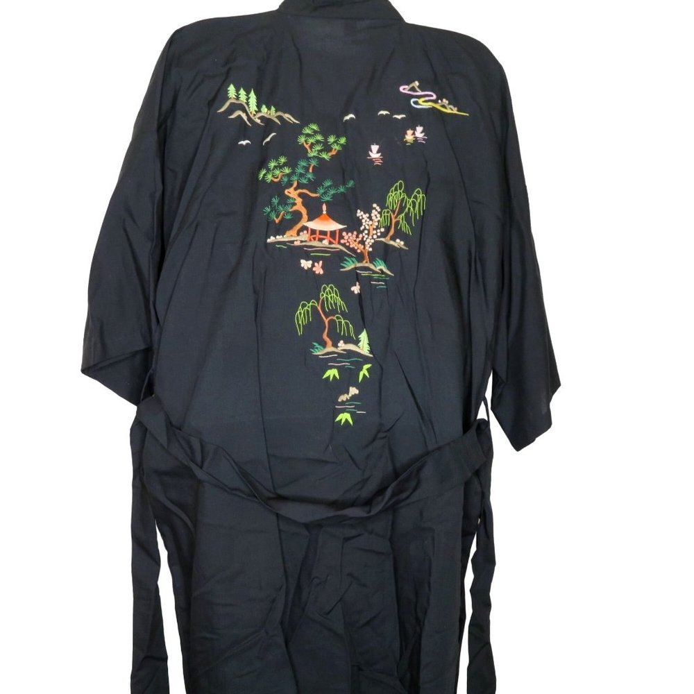 Vintage Black Knee Length Kimono Robe S Embroidery Pockets Belted Japan NEW